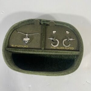 Fine Silver Plated Heart Jewelry Gift Set Necklace ‎ CZ Studs & Hoop Earrings